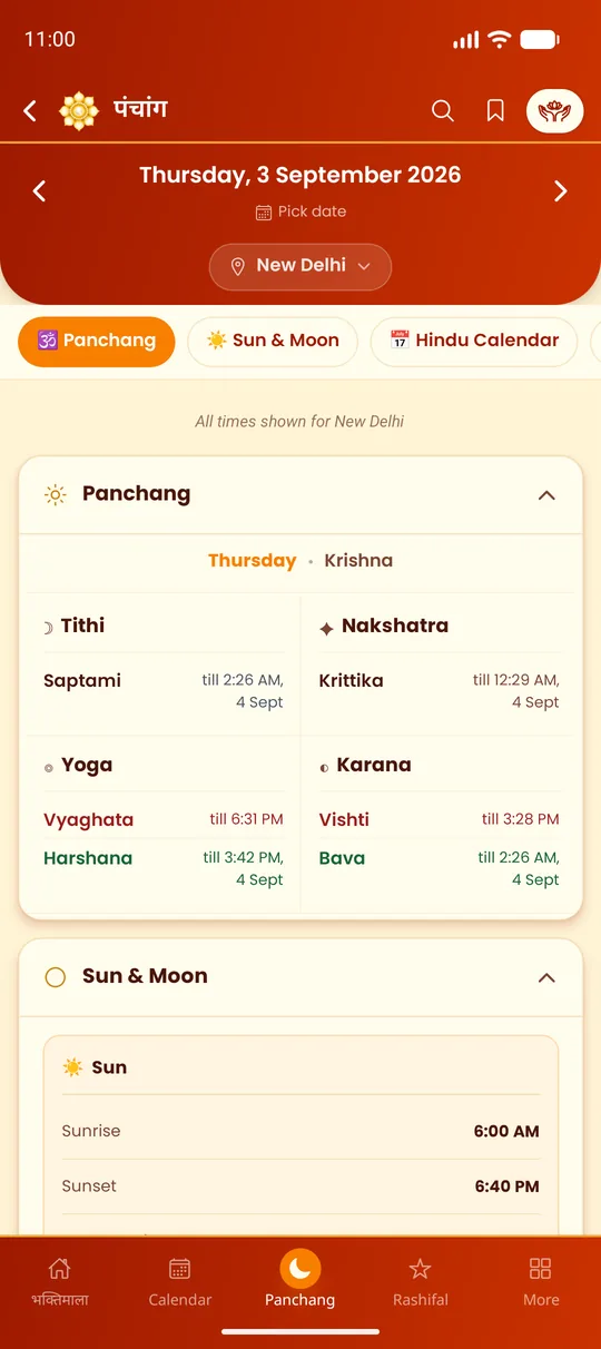 Full Panchang with tithi, nakshatra, yoga and Rahu Kaal